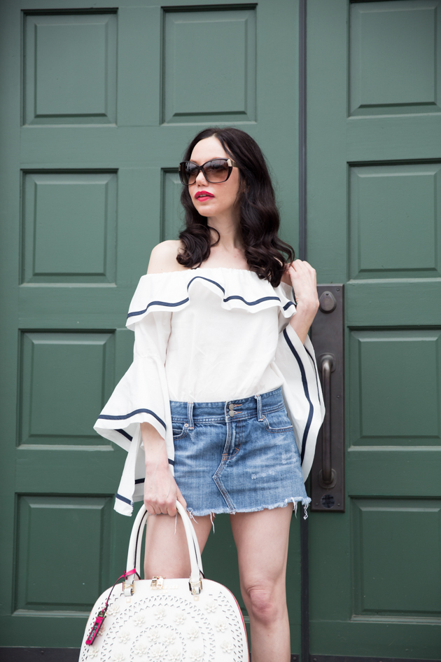 Fashion Blogger Lisa Valerie Morgan wears Storets off shoulder top