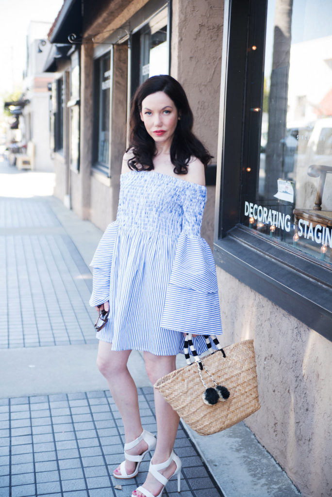 Pretty Little Shoppes Blog wears Goodnight Macaroon Striped Bell Sleeve Dress 